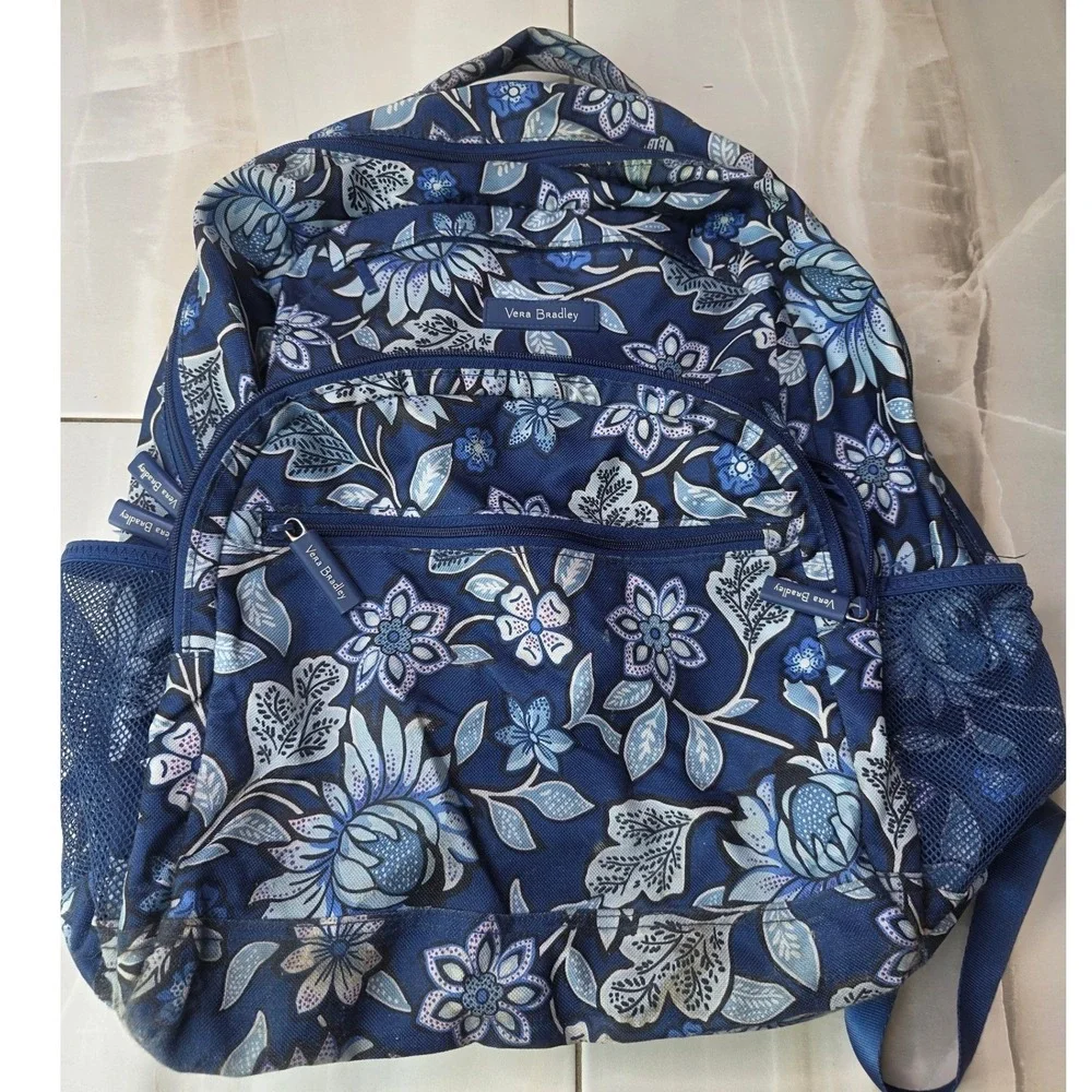 Vera Bradley Blue Floral‎ Canvas Backpack Multi Pocket School Travel Bag P4